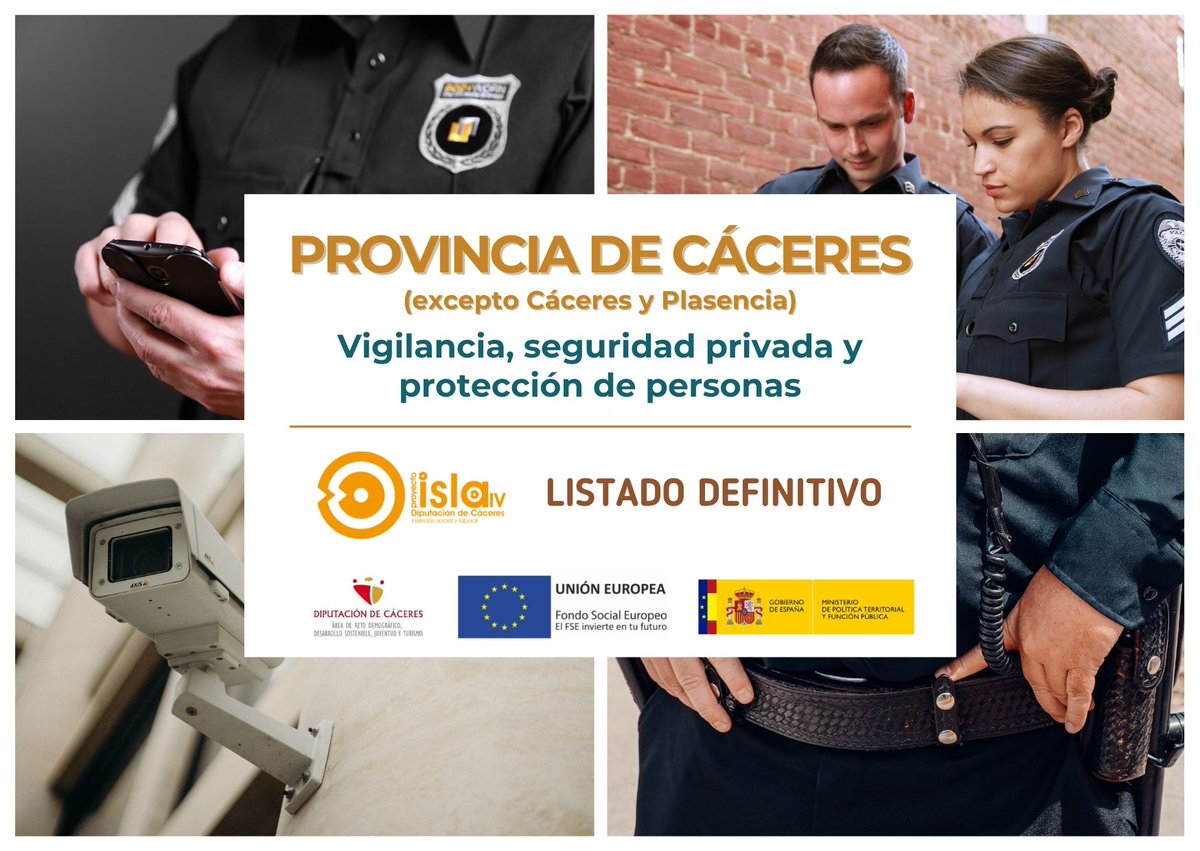isla_iv's tweet photo. 📣 #ListadoDefinitivo de Personas Seleccionadas para la acción formativa:

VIGILANCIA, SEGURIDAD PRIVADA Y PROTECCIÓN DE PERSONAS 👮🏼👮🏼‍♀️

➡️ https://t.co/Zr1zALnuo4

📧 islaiv@dip-caceres.es
☎️ 927 25 56 37 https://t.co/v5td0Hkdth
