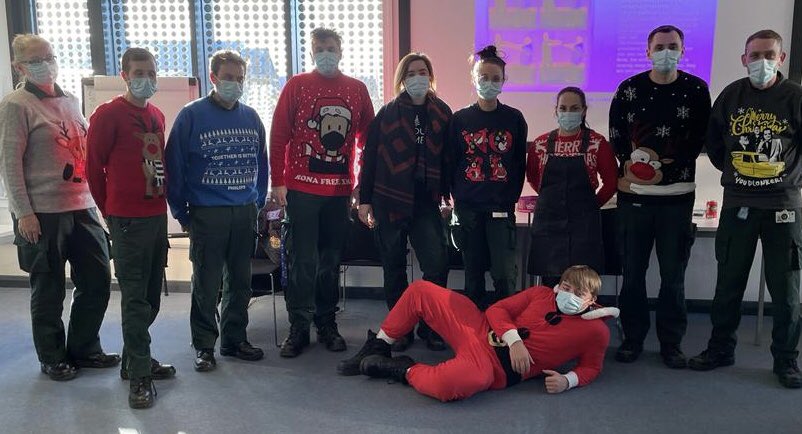 EMAS_Clifton's tweet photo. Our student technicians all in their jumpers (and santa suit😁) in support of @savechildrenuk #ChristmasJumperDay #COVIDsafe #IPCawareness #ThankYou https://t.co/kFYxuUzWia