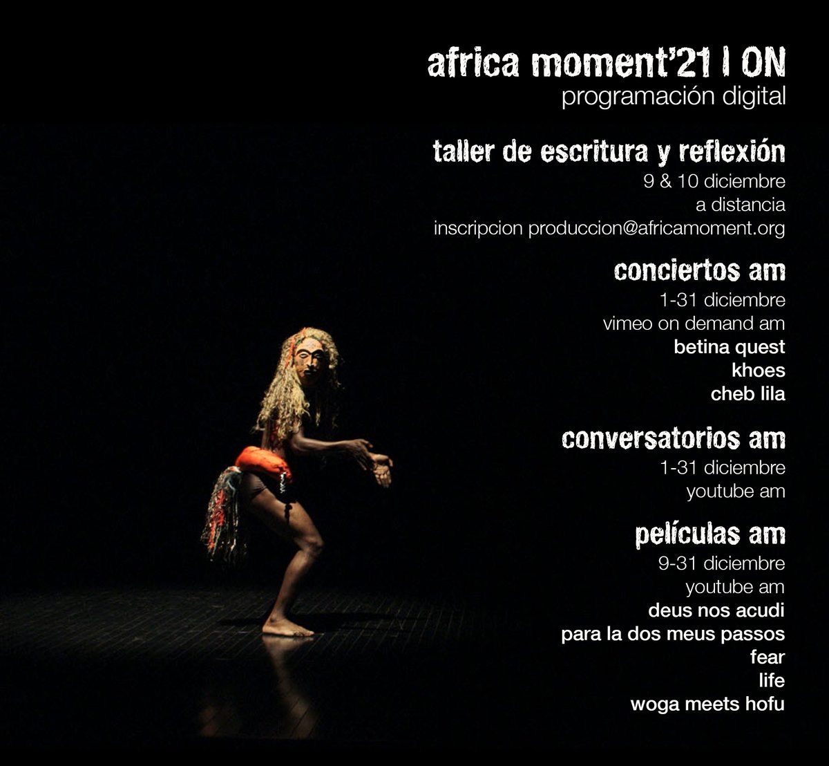 Africamoment's tweet photo. 🚀 #AM21 | No os perdáis la programación digital #AM21ON del V Encuentro Internacional #AfricaMoment21, disponible hasta el 31 de diciembre! 🔥
🎵 Conciertos https://t.co/VR8dUpR1Qp
💡 Conversatorios https://t.co/hKZXJ9oGK2
🎥 Películas https://t.co/VR8dUpR1Qp https://t.co/IvEGGwdxrY