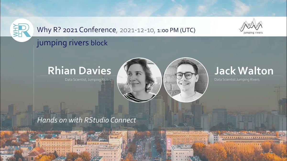 whyR (@whyrconf) on Twitter photo Hey #rstats - 2021.whyr.pl is today!
In 5 minutes we are staring <a href="/jumping_uk/">Jumping Rivers | @jumpingrivers@fosstodon.org</a> talk
Hands on with RStudio Connect
youtu.be/JxlORG7-6Eg
#conference #whyr2021 #webinar #datascience Hey #rstats - 2021.whyr.pl is today!
In 5 minutes we are staring <a href="/jumping_uk/">Jumping Rivers | @jumpingrivers@fosstodon.org</a> talk
Hands on with RStudio Connect
youtu.be/JxlORG7-6Eg
#conference #whyr2021 #webinar #datascience