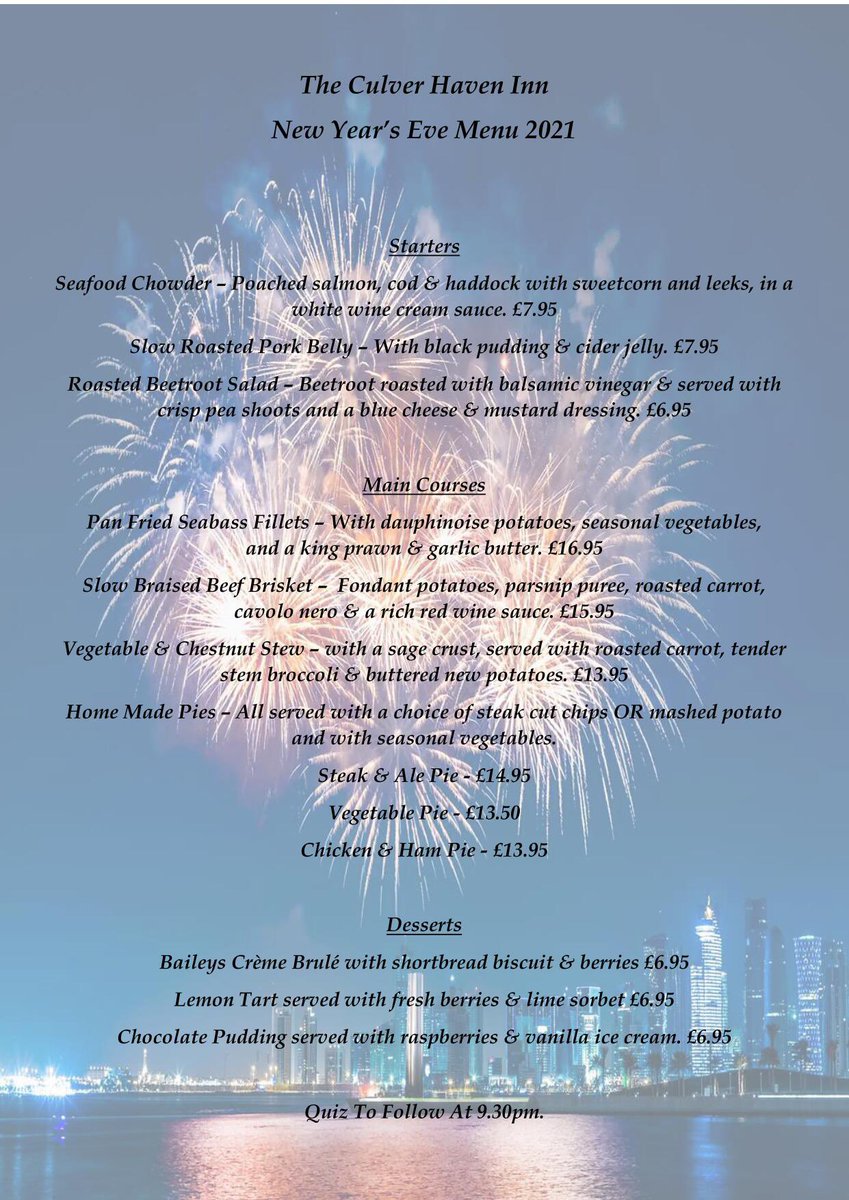 New Years Eve at The Culver Haven. Bookings only please call 406107!!