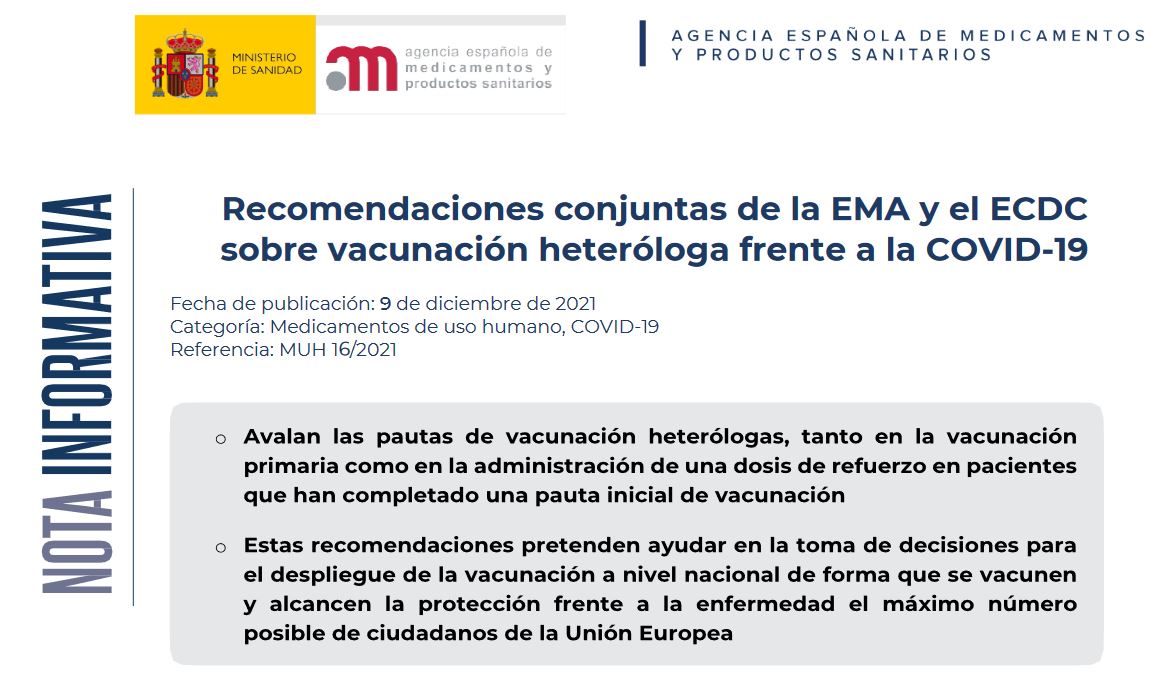 ⚠️💉✅Recomendaciones conjuntas de la <a href="/EMA_News/">EU Medicines Agency</a> y el <a href="/ECDC_EU/">ECDC</a> sobre el uso de #vacunasCOVID19 diferentes (vacunación heteróloga) tanto en las primeras administraciones de las vacunas, como en la adm. de las dosis de refuerzo (booster) aemps.gob.es/informa/notasi…