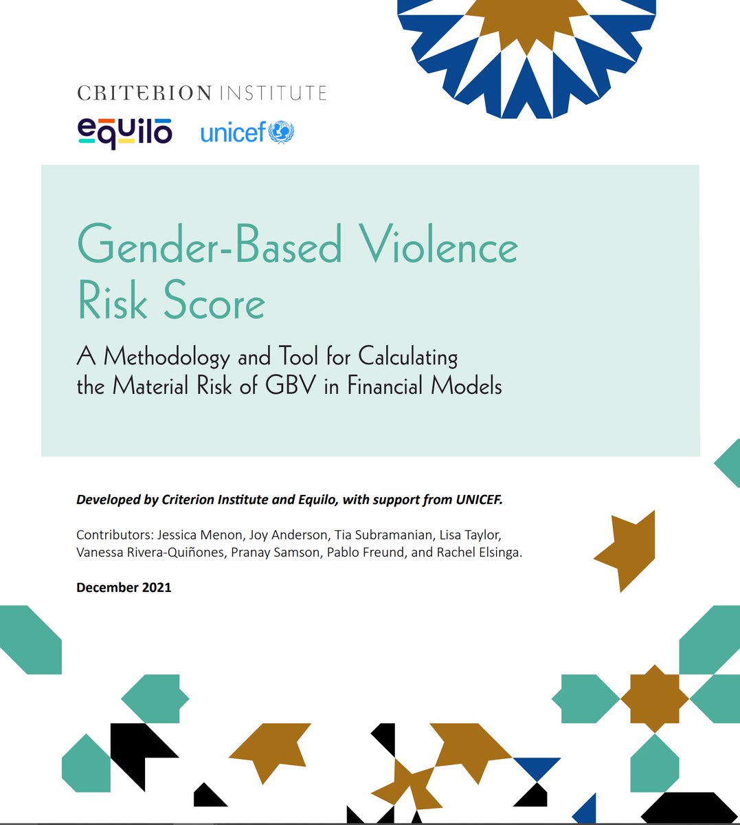 Our innovative GBVR methodology just published, created in partnership with <a href="/CriterionInst/">Criterion Institute</a> with support from <a href="/UNICEF/">UNICEF</a>. Investors, use this to assess GBV risk to investments and identify strategies to mitigate!
bit.ly/3EKledl

#InvesttoEndGBV #hackequality #GBVR #16Days