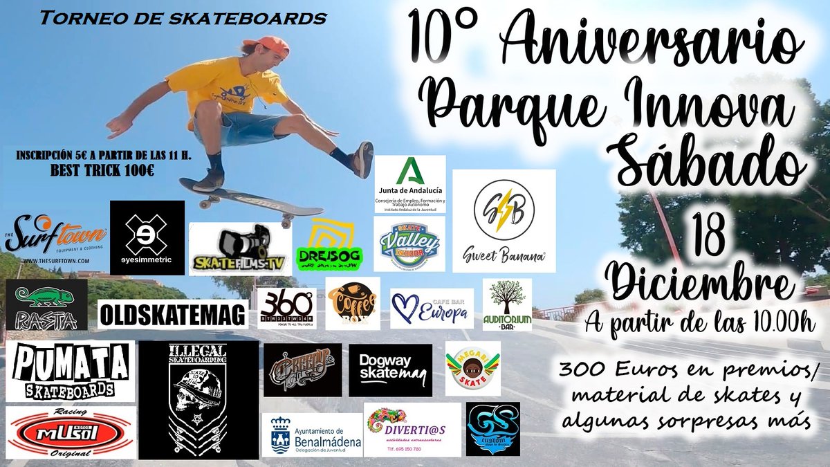 JUVENTUDBENALMA's tweet photo. 💚DÉCIMO ANIVERSARIO DEL #PARQUEINNOVA 🎂🎉🎊
- Exposición10 años del Parque Innova. 🖼
- Drag Story Telling 👧
- Torneo de skateboards + animación de DJ´s.🛹🏂
- Música joven en directo con:🎸🎤🎵🎶
  - Visión Aries (rap)🎤
  - Lavender (rock)🎸
  - Jam Obsesion (jazz-rock)🎹🎷 https://t.co/RONZZuOGvY