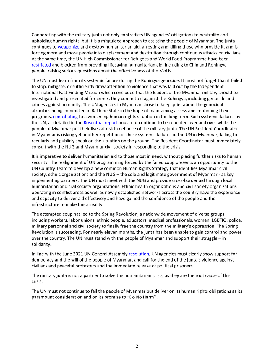 🔊On #HumanRightsDay, 255 CSOs call on #UN agencies to cease all forms of cooperation that lends legitimacy to murderous #Myanmar military junta incl. signing MoUs w/ the junta and inviting them to their meetings. 

full statement 👇
bit.ly/3pN5MXA