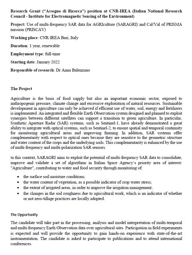 SistersofSAR's tweet image. 🚨Research Grant Position! Opportunity to work w/ #multifrequency #SAR at CNR-IREA working w/ @anna_balenzano! Looking at #agriculture🌽 &amp;amp;  #soil_moisture #veg_water_content #irrigated_area_extent &amp;amp; more!  Deadline to apply: December 31,2021!  Don't miss out! #EOChat #WomeninSAR