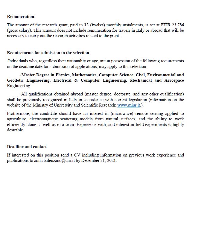 SistersofSAR's tweet image. 🚨Research Grant Position! Opportunity to work w/ #multifrequency #SAR at CNR-IREA working w/ @anna_balenzano! Looking at #agriculture🌽 &amp;amp;  #soil_moisture #veg_water_content #irrigated_area_extent &amp;amp; more!  Deadline to apply: December 31,2021!  Don't miss out! #EOChat #WomeninSAR