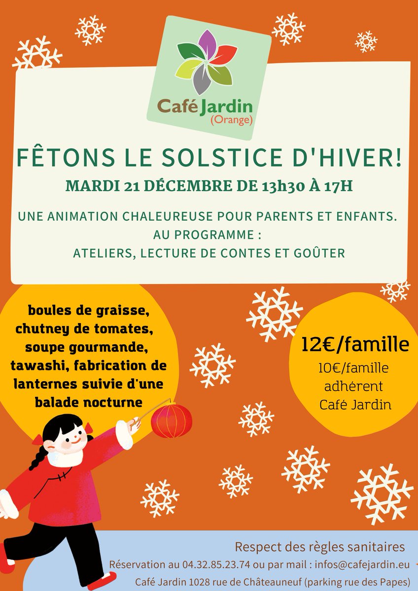 Le MARDI 21 DÉCEMBRE de 13H30 à 17H
Fêtons le solstice d'hiver au Café Jardin  
Le Café Jardin vous propose une parenthèse de calme avant la folie des fêtes de fin d'année. Venez passer la journée la plus courte de l'année avec l'équipe du Café Jardin! Réservez!!!