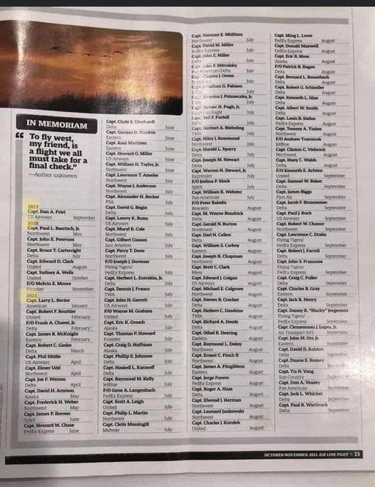 Sir_Keef's tweet photo. 2019 - 1 pilot died
2020 - 6 pilots died
2021 - 111 pilots died, and counting...
(Air Line Pilot Magazine, Oct-Nov 2021 issue)

#theysayitsrare https://t.co/eZ2EolPICA