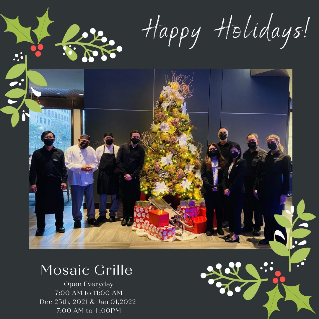 Happy Holidays! Our team in Mosaic Grille is taking all the measures to keep the holidays safe and healthy. Start the holidays right with our delicious breakfast. Each plate is crafted with Love and served with care! #Christmas2021 #Holidays #yvreats #YVR #breakfast #Team #hyatt