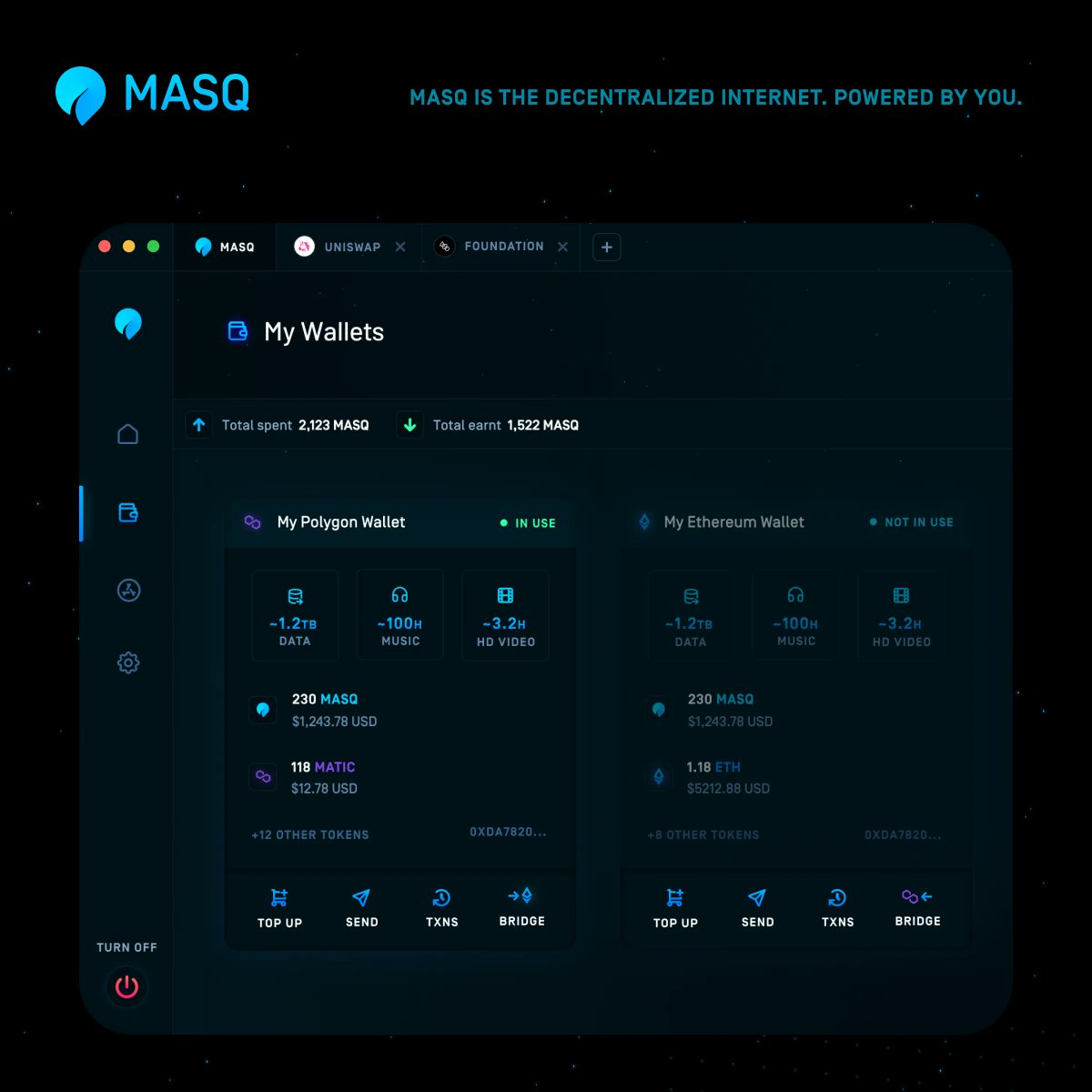 MASQ_ai's tweet photo. In MASQ Gemini you'll be able to check your balances on both the Polygon &amp; Ethereum networks! Check out how cool this looks in the screenshot below! 

#MASQ #Polygon #Ethereum $ETH $MASQ $MATIC #dapp #VPN https://t.co/yXQDDQMTLa