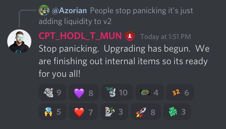 SafemoonWarrior's tweet photo. #SAFEMOON 
Q: People stop panicking it’s just adding liquidity to V2. 
Karony: Stop panicking. Upgrading has begun. We are finishing out internal items so its ready for you all! https://t.co/RVbWaa9yVj