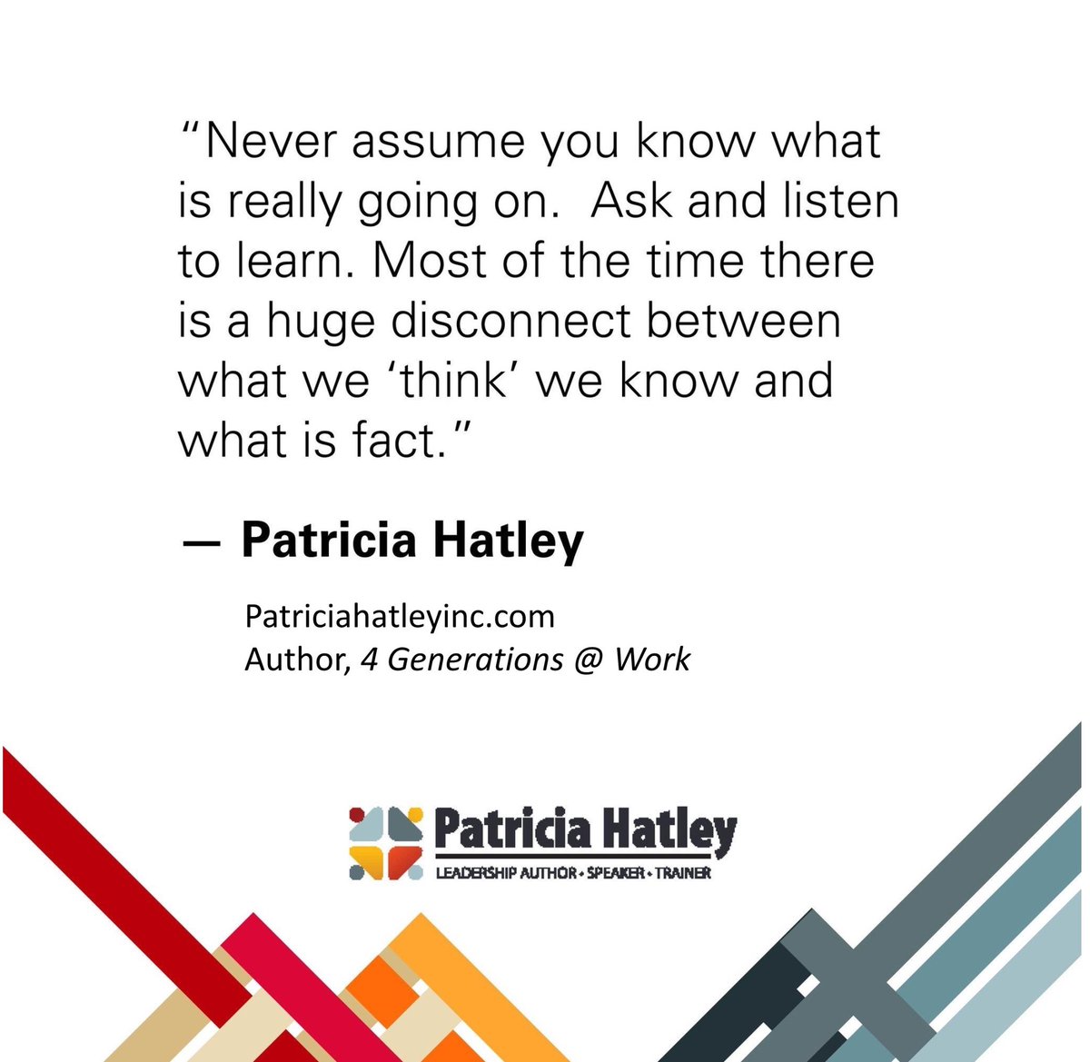 PatHatleyInc's tweet photo. Most issues can B resolved B4 they become conflict if we just ask &amp; listen 1st 2 learn what is really going on. We jump into things blindly with assumptions &amp; personal biases trying 2 “fix” things &amp; people. Listen 1st 2 understand. #leadership #SHRM #coaching #leadershipcoach https://t.co/NQEL3ctcna