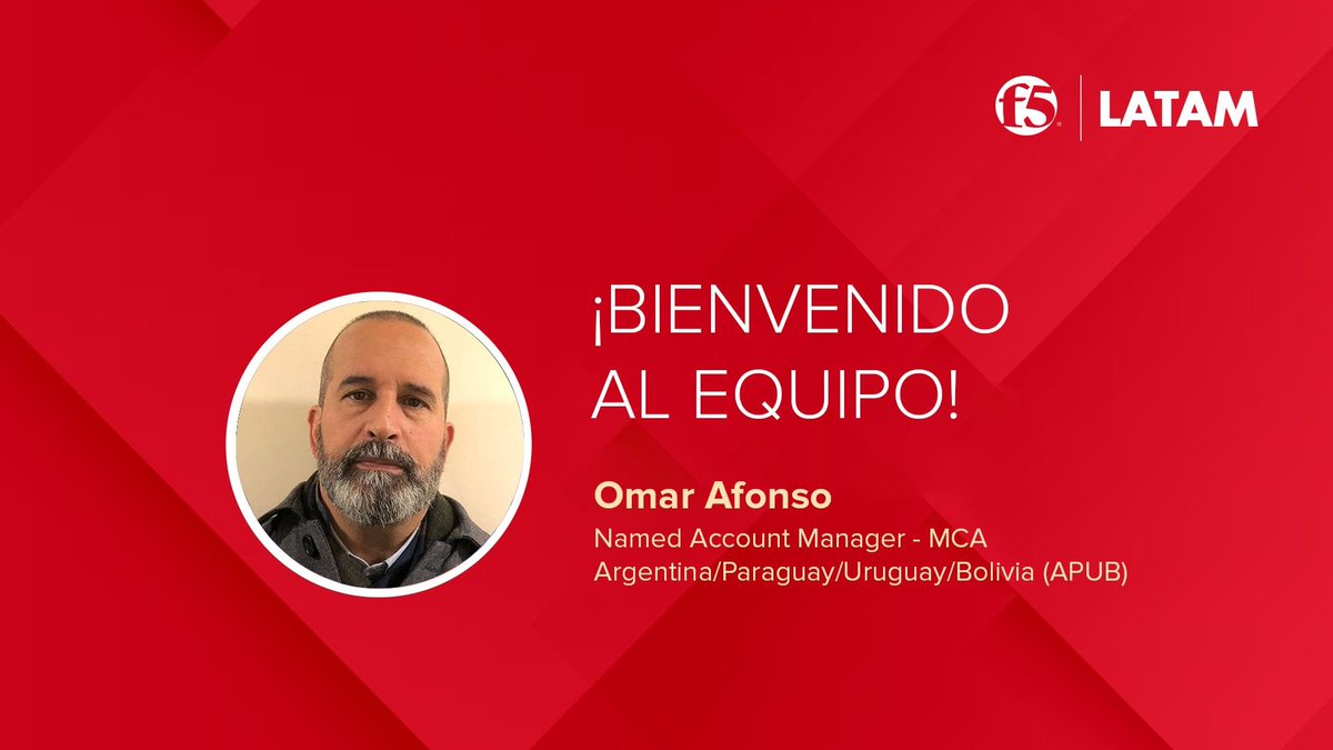 Estamos muy contentos de poder anunciarles una nueva incorporación a nuestro equipo: Omar Afonso.

Omar Afonso se une a F5 como Named Account Manager MCA para Argentina, Paraguay, Uruguay y Bolivia (APUB).

¡Bienvenido a F5!

¡Muchos éxitos!

#F5LATAM #Teamwork #Bienvenido