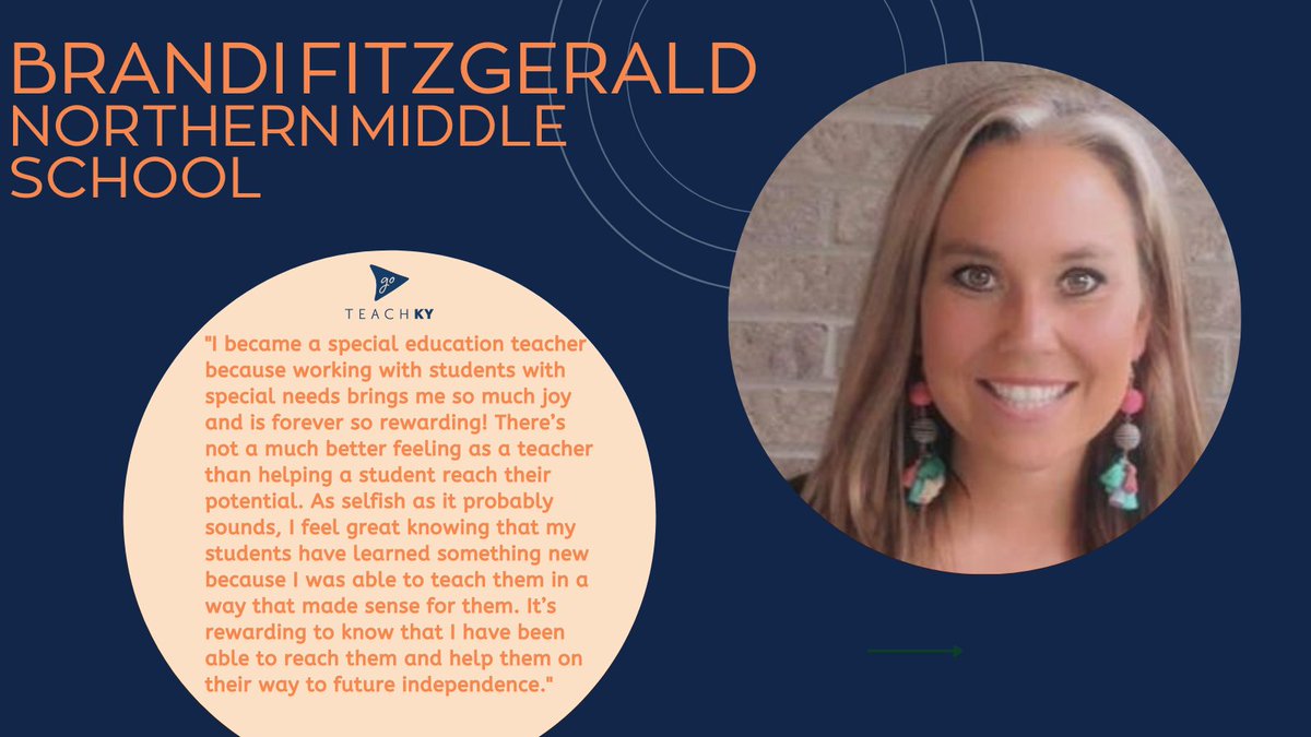 GoTeachKY's tweet image. Brandi Fitzgerald teaches special education at Northern Middle School in Pulaski County. She found her #JoyOfTeaching in helping her students reach their potential!