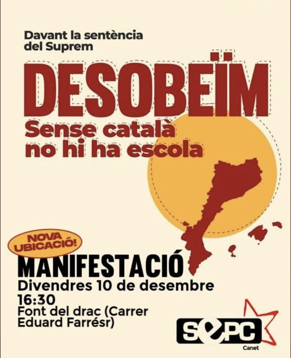 🔴 A les 16:30 ens trobem a Canet per donar resposta a la imposició del 25% del castellà a les aules. 

Un tribunal espanyol no ha de poder decidir sobre com ha de ser la nostra educació. 

✊🏽 Les estudiants defensem la nostra llengua. Sense català no hi ha escola!