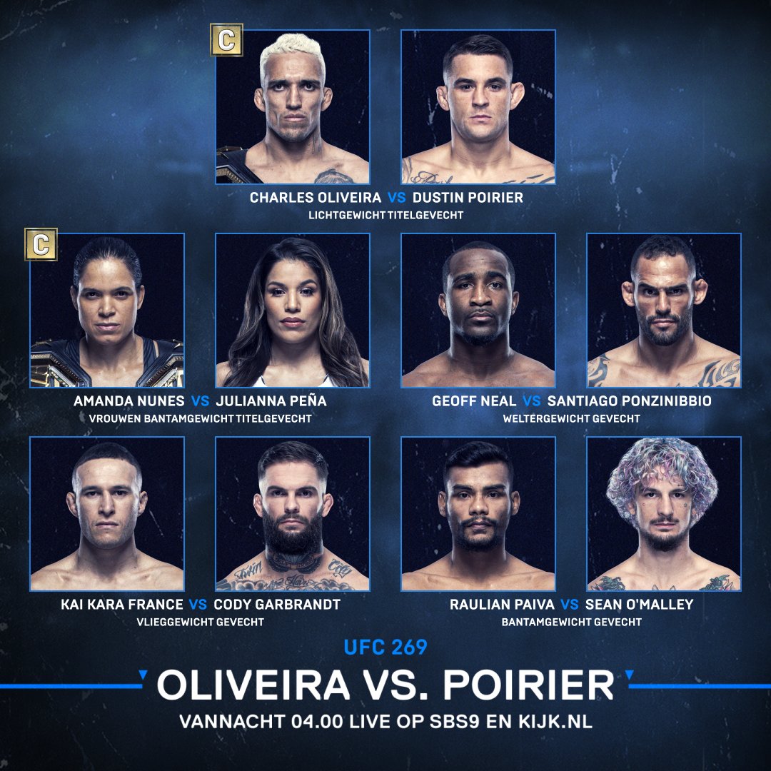 FIGHT DAY!

UFC 269: Oliveira vs. Poirier
📅 Zaterdag- op zondagnacht
⏰ 04.00 uur
🌐 KIJK.nl 
📺 SBS9 (Ziggo/KPN op kanaal 19)
#️⃣ #UFC269 

Rate that card! 👇