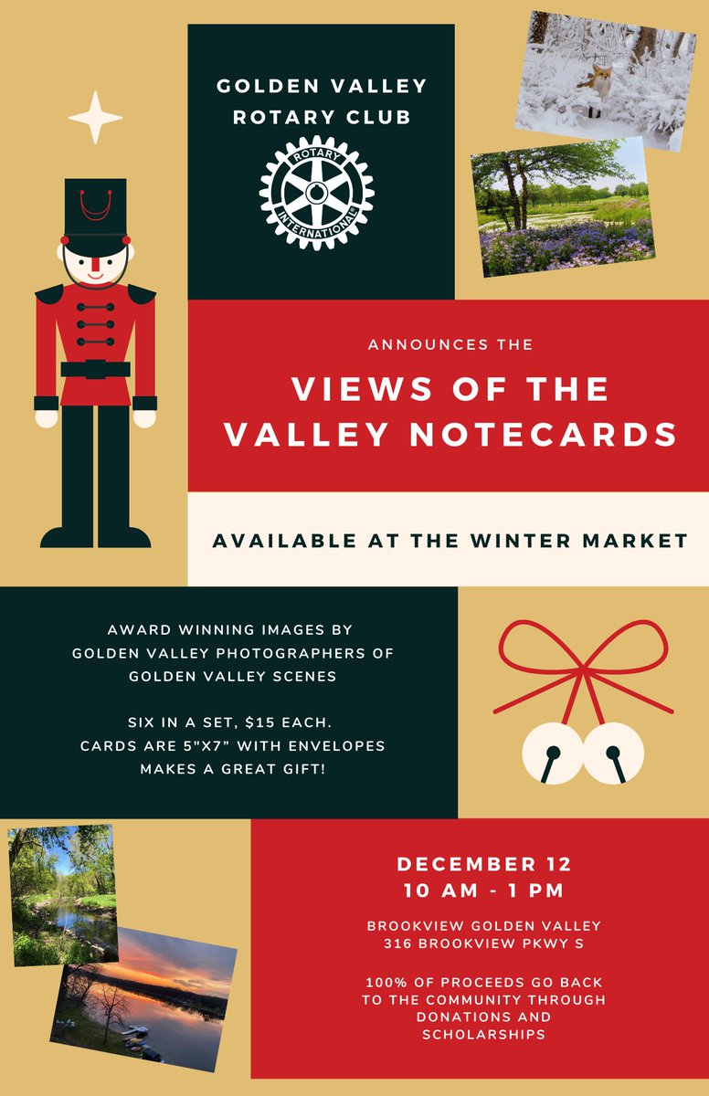 rotaryofgv's tweet photo. Views of the Valley notecards on sale at the 12/12 Market in the Valley Winter Market! These award winning images were all taken by Golden Valley photographers of Golden Valley scenes. The set of 6 cards is $15 &amp; makes a great gift! All proceeds go back to the community. https://t.co/ObzxQP61hP