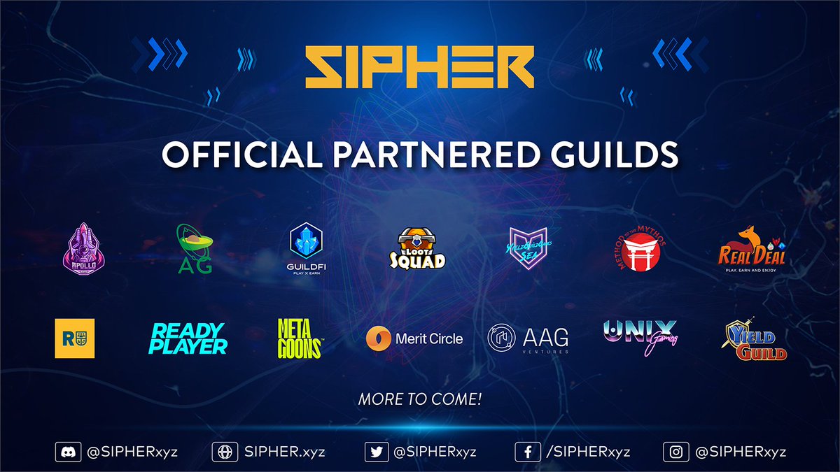 playSIPHER's tweet photo. Sipher is proud to present our Official Partnered Guilds ⚔️

We are honored to open the gates of Sipheria to you &amp; your community.

Read More: https://t.co/BFXeLNHxQm

1/4🧵 https://t.co/Vt8GVOMgeI