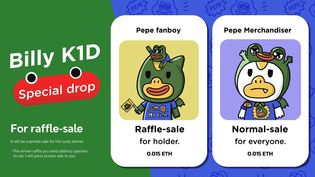 kadraw24's tweet photo. ฺ🐸Billy K1D Special drop 🐸
Normal sale 
- 0.015 ETH ✨

Raffle - sale for Billy K1D holder.
- 0.015 ETH 🎉
 Join raffle at  https://t.co/WHpbC1uBiv

Billy K1D collection.
🔗https://t.co/KUFn9Je0pw

Hope you like it .💖🦇
#NFTCommunity #NFTdrop #BillyK1D #NFTcollection https://t.co/1t25eDV7jw