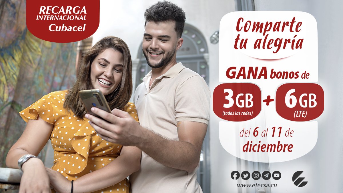 🔊 Hasta el 11 de diciembre, #Promoción de #RecargaInternacional.
👉 Si recibes una recarga📱 entre 500 y 1250 CUP, ganarás bonos de 3GB (para todas las redes) ➕ 6 GB (LTE)
👉 Los bonos tendrán 30 días de vigencia, a partir de recibida la recarga. 👏👏