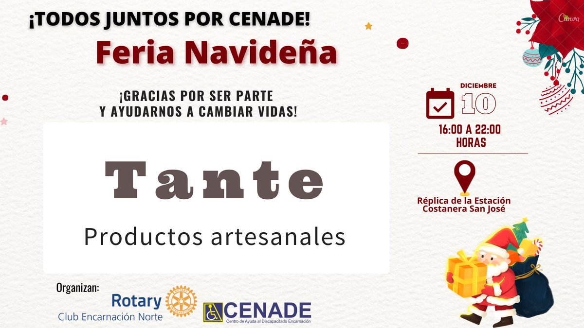 TCenade's tweet photo. ¡TODOS JUNTOS POR CENADE!
🎄Feria Navideña🎄
Les esperamos hoy 10 de diciembre desde las 16:00hs, en la 𝑹𝒆́𝒑𝒍𝒊𝒄𝒂 𝒅𝒆 𝒍𝒂 𝑬𝒔𝒕𝒂𝒄𝒊𝒐́𝒏, 𝑪𝒐𝒔𝒕𝒂𝒏𝒆𝒓𝒂 𝑺𝒂��� 𝑱𝒐𝒔𝒆́. 
Gracias a quienes se suman para ayudarnos a cambiar vidas. https://t.co/esGQmnwLrz