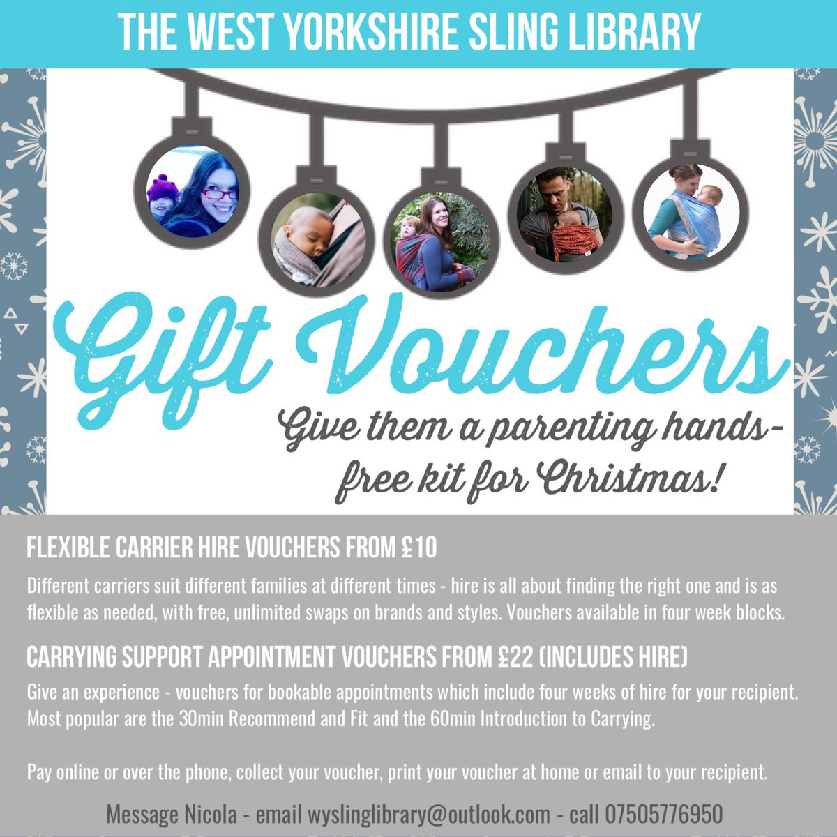 wyslinglibrary's tweet photo. Useful gifts that mean something, don’t clutter up the house, carry on well into the new year, and come with a side of oxytocin are few and far between!

Carrying support and hire vouchers available now @wyslinglibrary #leeds #farsley #circlefarsley #pudsey #horsforth #calverley https://t.co/AsDvas95Zz