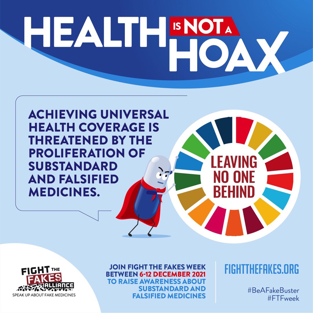 #Fakemeds are a neglected global health issue putting the #health of millions at risk, undermining our healthcare systems & ultimately obstructing the road to universal health coverage #UHC by 2030!  #FightTheFakes and #LeaveNoOneBehind!   Join #FTFweek￼fightthefakes.org/week/4th-fight…