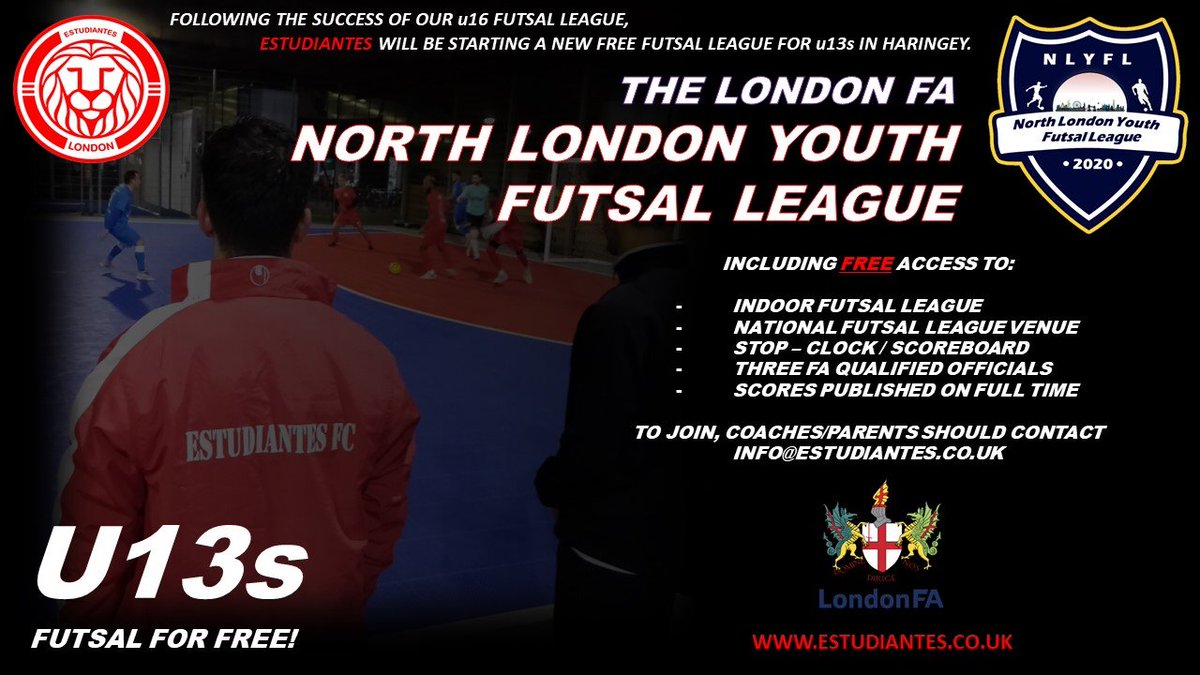 North London Youth Futsal League (@londonfutsal) on Twitter photo At last! Our u13 league starts tomorrow at <a href="/Haringey6thForm/">Haringey Sixth Form College</a>.
<a href="/LondonFA/">London Football</a> @LNFSengland <a href="/EstudiantesLdn/">⚽️ EstudiantesLDN</a>
<a href="/GenesisFutsal/">Genesis Futsal Club 🔴⚪️</a> <a href="/StarsFutsal/">London Futsal Stars</a> At last! Our u13 league starts tomorrow at <a href="/Haringey6thForm/">Haringey Sixth Form College</a>.
<a href="/LondonFA/">London Football</a> @LNFSengland <a href="/EstudiantesLdn/">⚽️ EstudiantesLDN</a>
<a href="/GenesisFutsal/">Genesis Futsal Club 🔴⚪️</a> <a href="/StarsFutsal/">London Futsal Stars</a>
