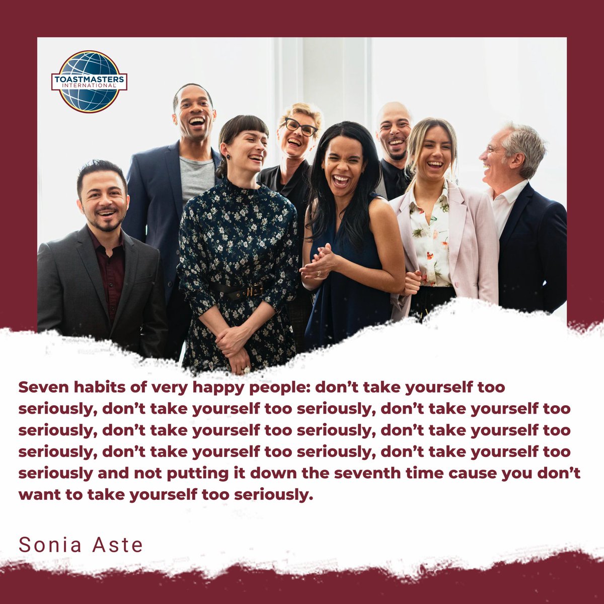 ToastmastersUKI's tweet photo. Would you be interested to know the seven habits of happy people? But please don't take it too seriously! Join the Toastmasters Club and share your habits of happiness with us! https://t.co/GAdbtD2Ckp
#d91toastmasters  #fridaymood #humorousspeech #engaginghumor #toastmastersclub https://t.co/d5nKxTc7e7