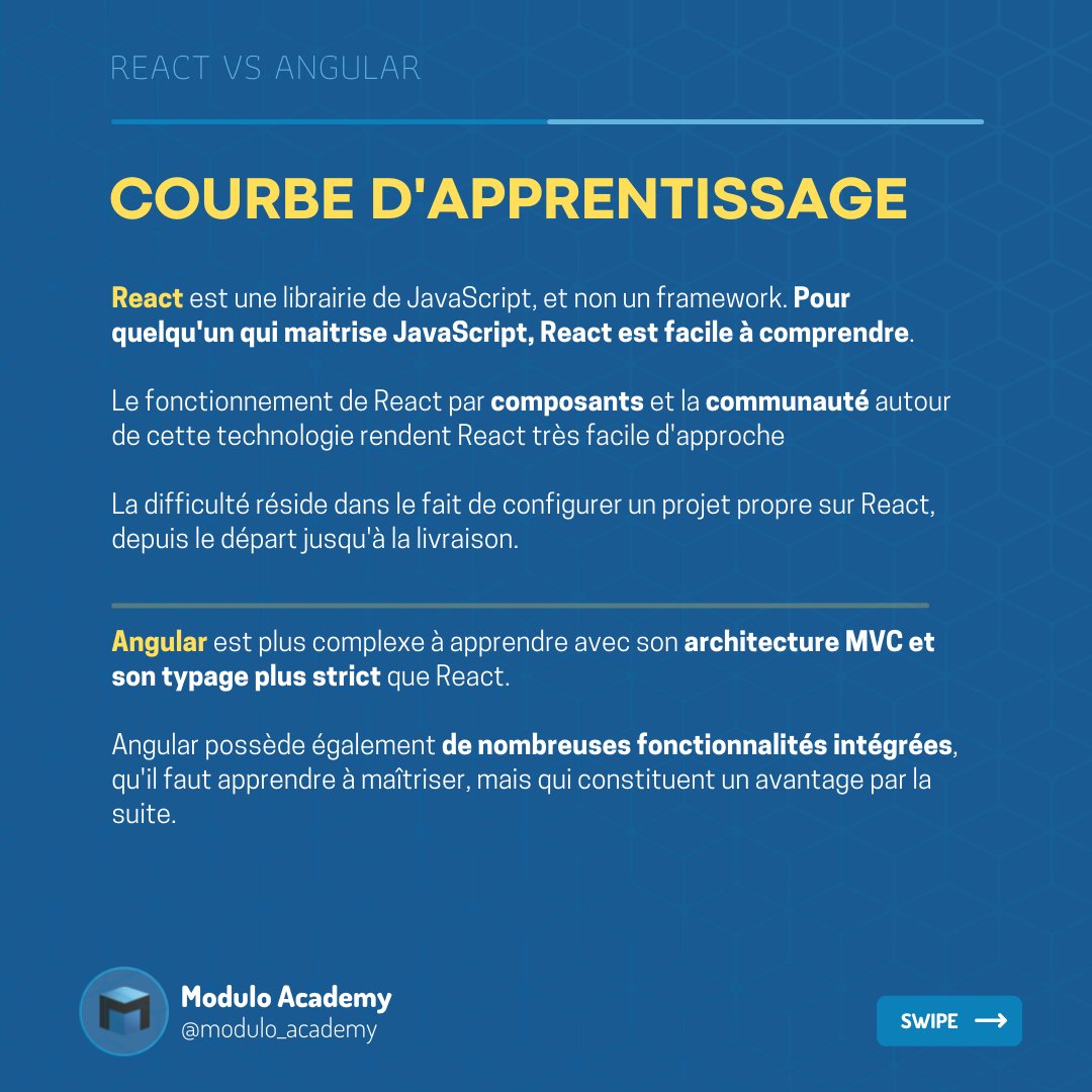Modulo_Academy's tweet photo. #React Vs #Angular 

Chez @Modulo_Academy, on a voulu regarder ces deux frameworks (ou presque) Front-End sous différents aspects (perf., communauté, courbe d'apprentissage, cas d'usage, etc.) 2/2

#javascript #Developpement #developers https://t.co/aIc0ZU6co8