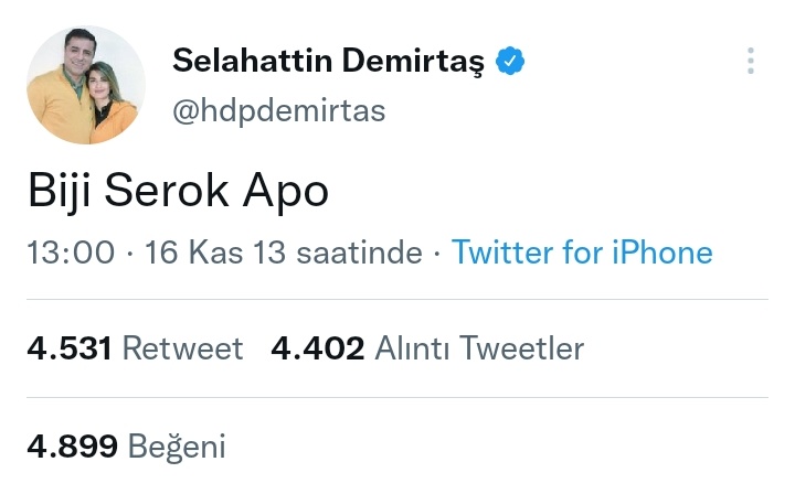 10 Aralıkta çoğu polis 46 canımıza kıydılar. Alçaklar, hainler namussuzlar.
Daha geçen hafta bunların elebaşı için HDP li tüm vekiller "önder Apo'ya tecrite son" diye tweet attılar. 
Bunlarla yol yürüyüp adına Ülkücü, Atatürkçü diyenlere ne diyelim.
Selo'nun bu tweet hala duruyo