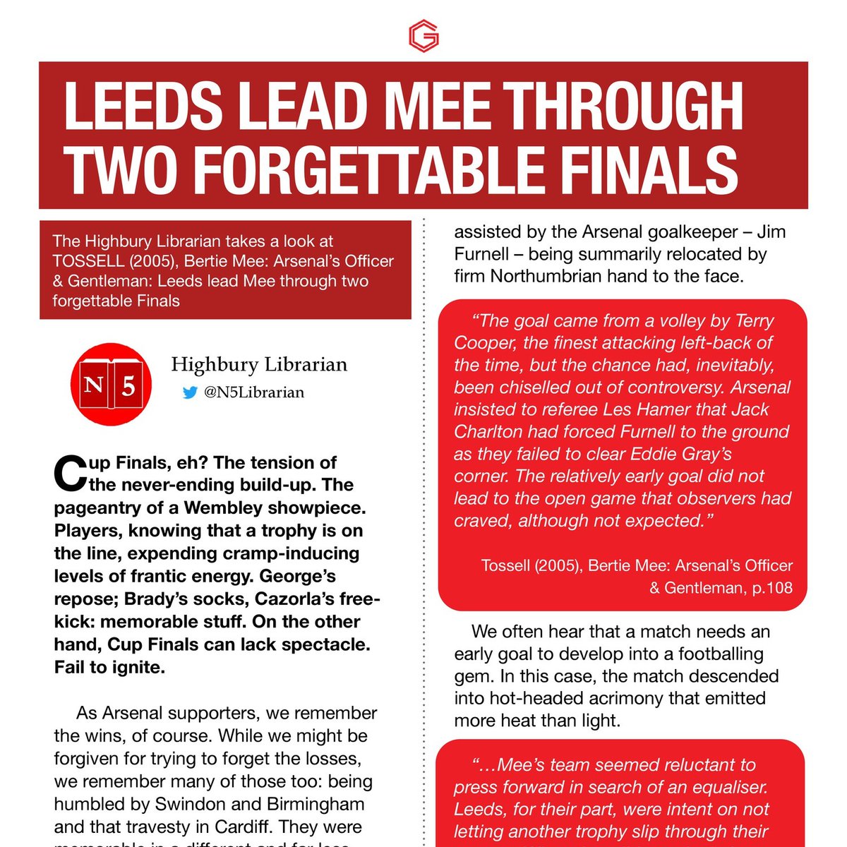 𝐋𝐞𝐞𝐝𝐬 𝐥𝐞𝐚𝐝 𝐌𝐞𝐞 𝐭𝐡𝐫𝐨𝐮𝐠𝐡 𝐭𝐰𝐨 𝐟𝐨𝐫𝐠𝐞𝐭𝐭𝐚𝐛𝐥𝐞 𝐟𝐢𝐧𝐚𝐥𝐬

My article on #Arsenal's 1968 and 1972 Cup Finals appears in the brand new - and SUPERB - 68-page print edition of The <a href="/GoonerFanzine/">The Gooner</a>.

It features quotes from <a href="/David_Tossell/">David Tossell</a>'s Bertie biography.