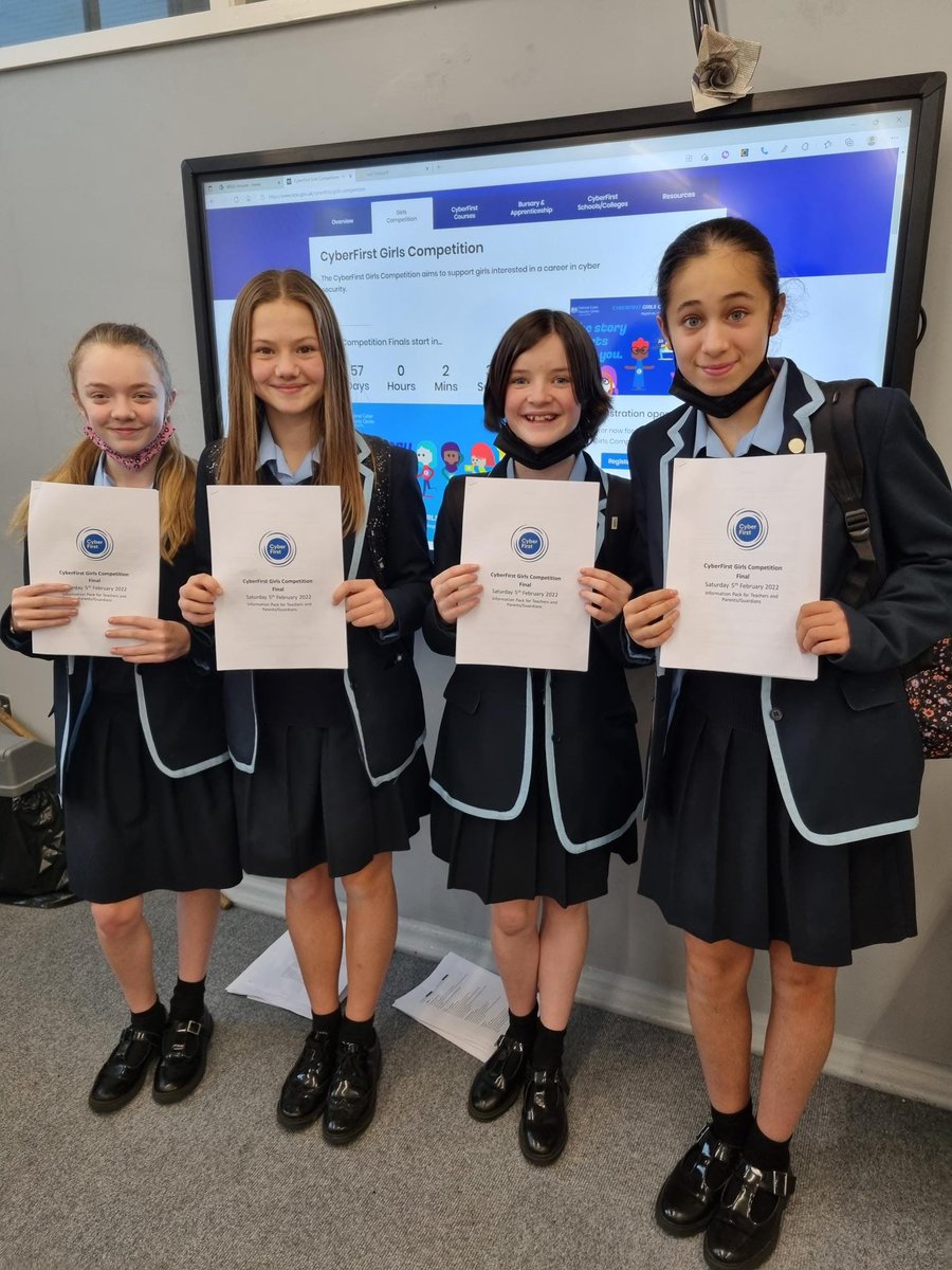 WKGS_Computing's tweet photo. We are so proud of Holly, Niamh, Jas and Daisy #WKGSY8 who have reached the @NCSC #CyberFirst Girls Final which take place in Manchester on 5th February. Not only our first #WKGS team to reach the finals, but also the only team representing Wirral this year. 
#GirlsComp22 https://t.co/qhOKWjR5nT
