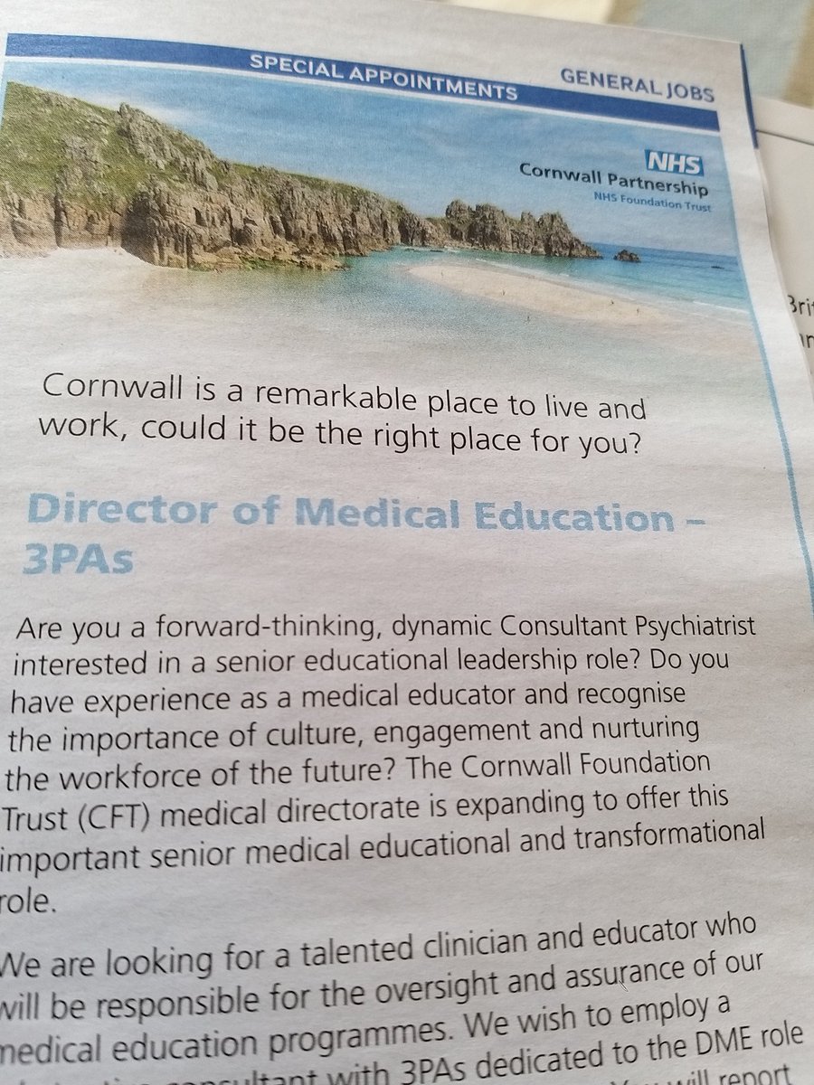 EllenWilkinson6's tweet photo. #ConsiderCornwall
Interesting medical / psychiatric job opportunity in beautiful @CornwallFT https://t.co/pCjy8dhM1h