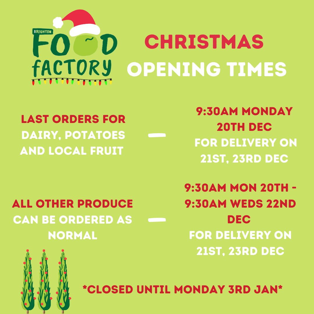 FactoryBrighton's tweet photo. Heres our Christmas opening times for your final orders of the year🎄 

Merry Christmas from all of us at Brighton Food Factory, we cant wait to see what the new year brings! 

#christmasorders #orderfood #foodforchristmas #localchristmasfood #eatlocal #christmasopeningtimes https://t.co/EsL1aJTaSw
