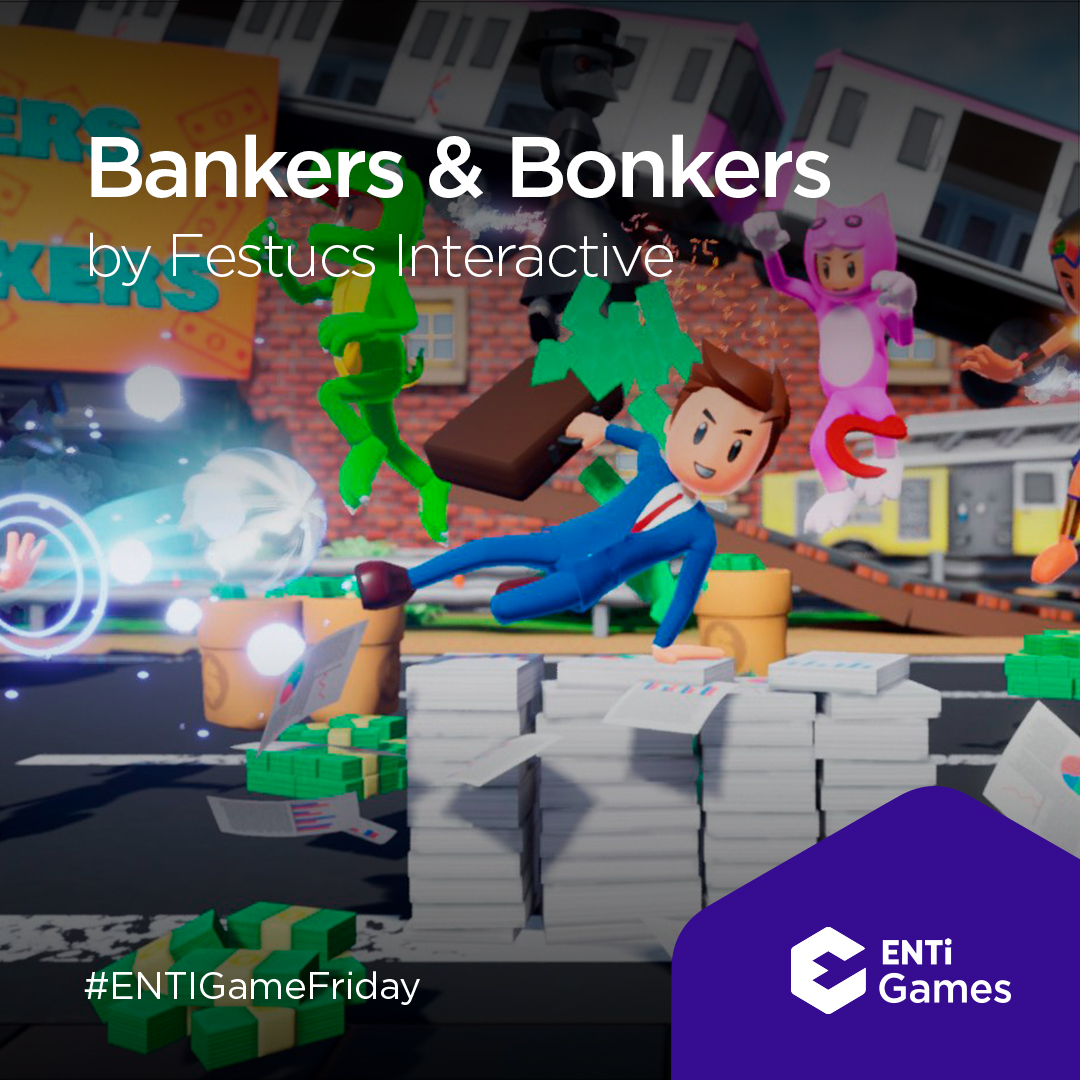 ENTIAlumni's tweet photo. Tres #Alumni @ENTI_BCN formen part de l'equip de @FestucsInt i estan a punt de treure el joc "Bankers &amp; Bonkers". Es tracta d'un divertit multijugador per equips on guanya qui agafi més diners i els porti a la seva base. Molta sort! 

#ENTIAlumni #videogames #ENTIGameFriday https://t.co/gRXFdMqifl