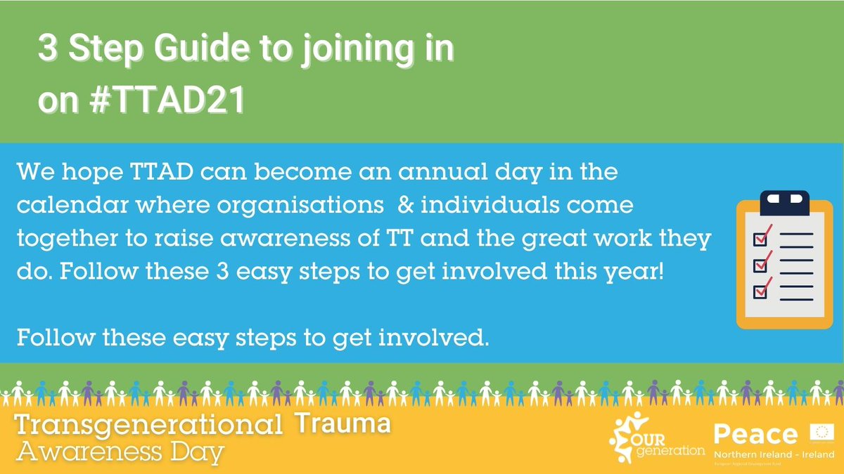 There's a few different ways that you can get involved in this year’s #TransgenerationalTrauma Awareness Day #TTAD21.

Here's a guide to make sure you can join in and help us increase awareness. #TTAD21 

For all the key info 👉bit.ly/TTAD21Day

<a href="/seupb/">SEUPB</a> #PEACEIV