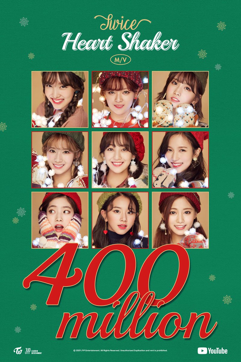 JYPETWICE's tweet photo. TWICE "Heart Shaker" M/V
✨400 MILLION VIEWS✨

🎬 https://t.co/JYFD4fQbEZ

🧪Listen "Formula of Love: O+T=<3" HERE👇
https://t.co/73BztThrfC

#TWICE #트와이스 #HeartShaker https://t.co/AflX85IThs