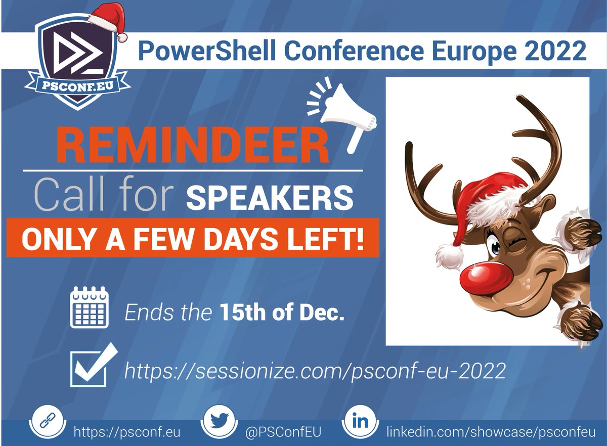 PSConfEU's tweet photo. This is your Remind Deer
#PSConfEU 2022
Call for Speakers/Papers ends soon
Get your session abstracts in 
https://t.co/BR2h2vAQnc

#PSConfEU #PowerShell 
#pwsh #CFP #automation https://t.co/OY5Di76JGi