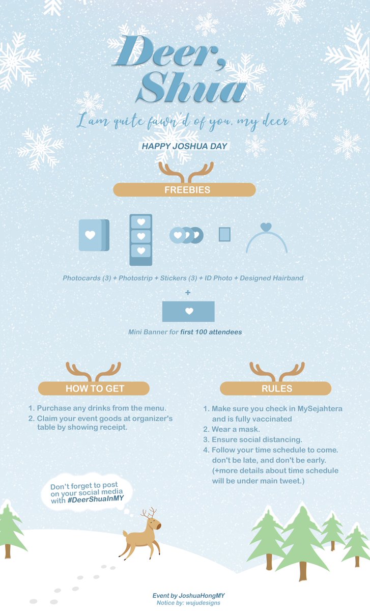JoshuaHongMY's tweet photo. ― 𝐝𝐞𝐞𝐫, 𝐬𝐡𝐮𝐚
Birthday Event for SEVENTEEN Joshua.
by : @JoshuaHongMY

Venue : Lean &amp; Rush Cafe, NU Sentral, Kuala Lumpur

Date : 8th of January 2022

Time : 10a.m. - 6p.m.

#DeerShuaInMY #JOSHUA #조슈아 https://t.co/NwxpWaULho