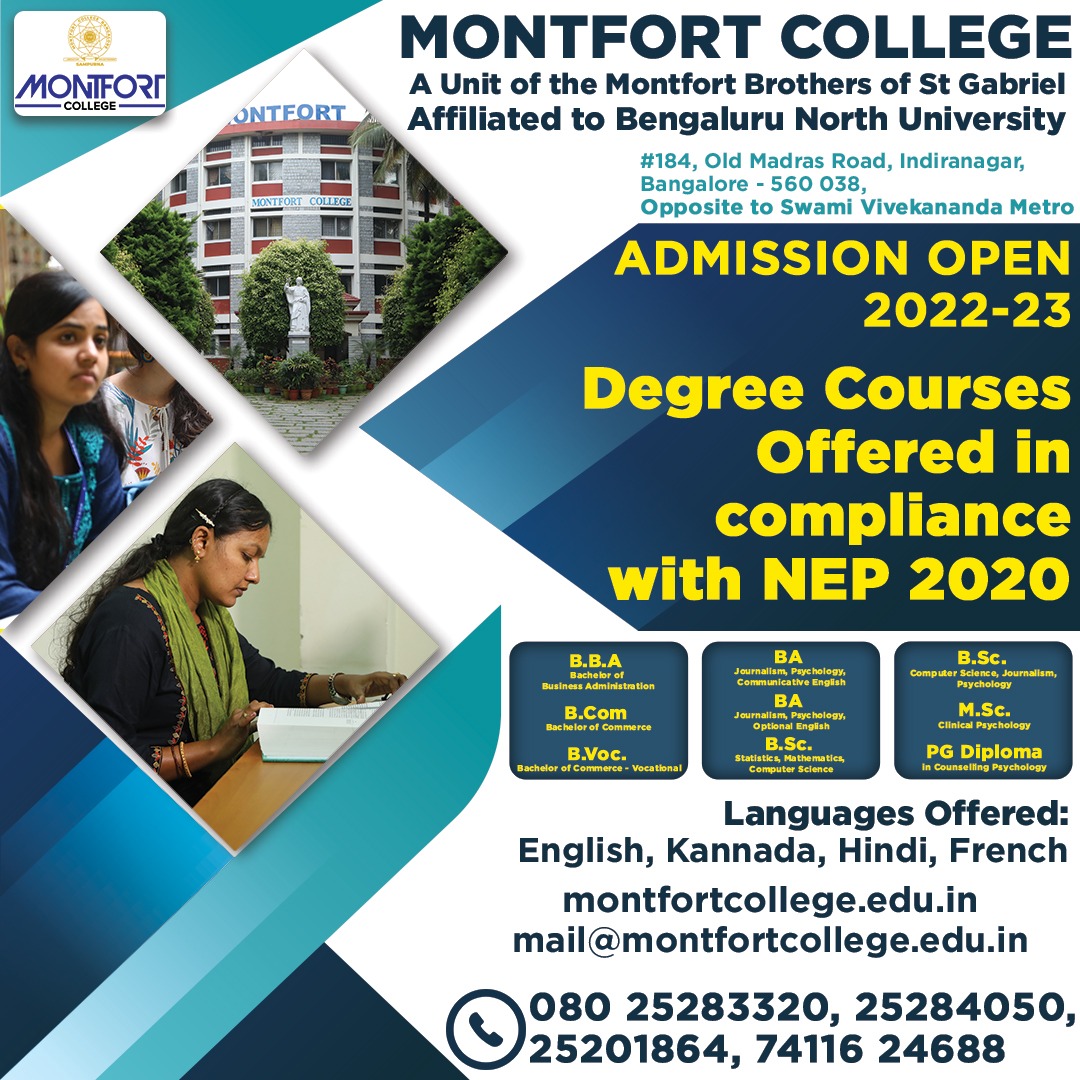 CollegeMontfort's tweet photo. New Degree Courses Offered
Admission open for BBA , B.Voc, BA PG Diploma
Language offered:- English, Kannada, Hindi, French
MONTFORT COLLEGE
(Affiliated to Bangaluru North University)
Call 080-25283320 https://t.co/EDGlT2jKHN
