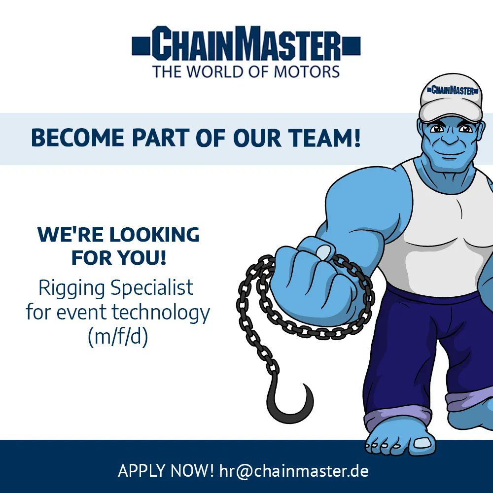 chainmaster_'s tweet photo. Become part of our team! Apply now as rigging specialist for event technology (m/f/d). More info at: https://t.co/X15i7m5IDo #chainmaster #joboffer #applynow #electricchainhoist #riggingspecialist #eventtechnology https://t.co/ayvr4wHcGI