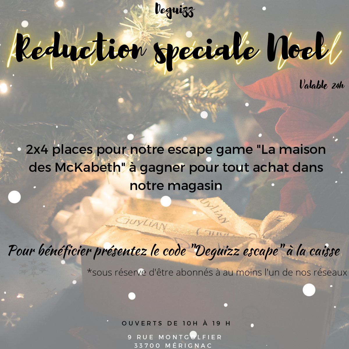 DEGUIZZ2's tweet photo. Pour la dixième case de notre calendrier de l'avent, tentez de remporter des places pour notre escape game 👻 Tirage au sort le soir même.
*sous réserve d'être abonnés à au moins l'un de nos réseaux

 #calendrierdelavent #escapegame #escapegamehorreur #bordeauxmaville https://t.co/zunbrf7LZL