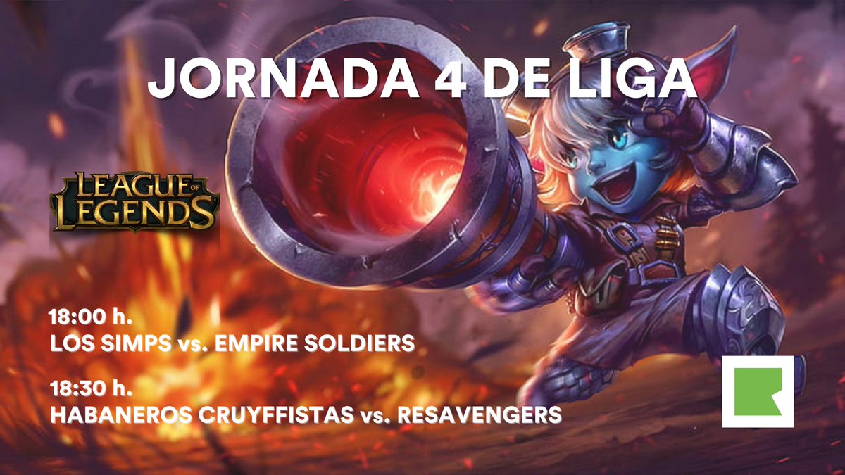 ComunidadResa's tweet photo. Este domingo nos vemos en la 4ª jornada de la liga LOL #EsportsXResa en streaming por @Twitch ¡Te esperamos a las 18:00h! 🎮 ➡️ https://t.co/TNPXike1mx #ResaHub https://t.co/oFPYkUzXaG