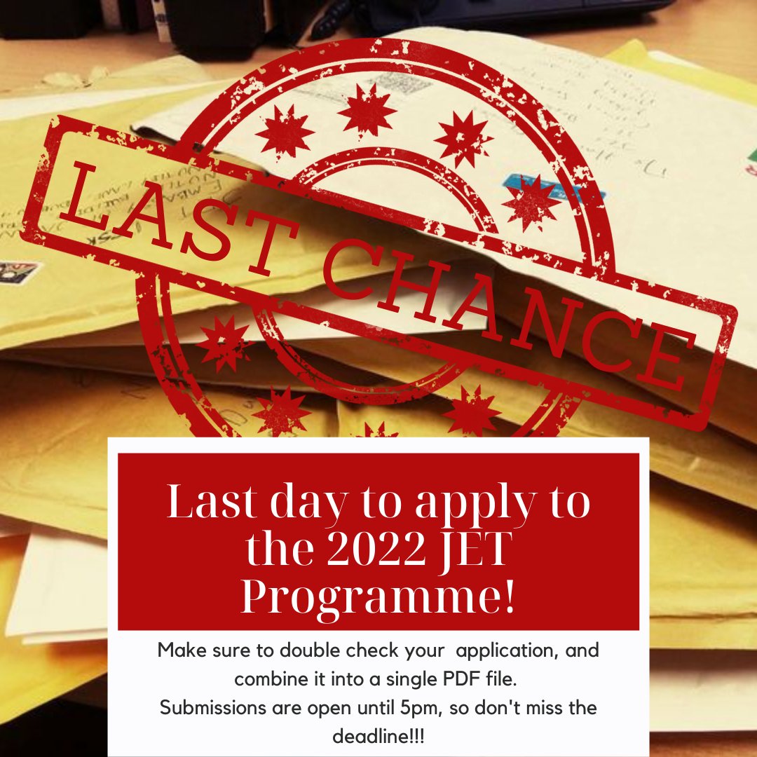 Today is the last day to get your application in for the 2022 Irish JET Programme! The deadline is at 5pm sharp, so make your final checks and send your applications in without delay.
#jetapplication #jetprogrammeireland #jetprogramme2022 #jetprogramme