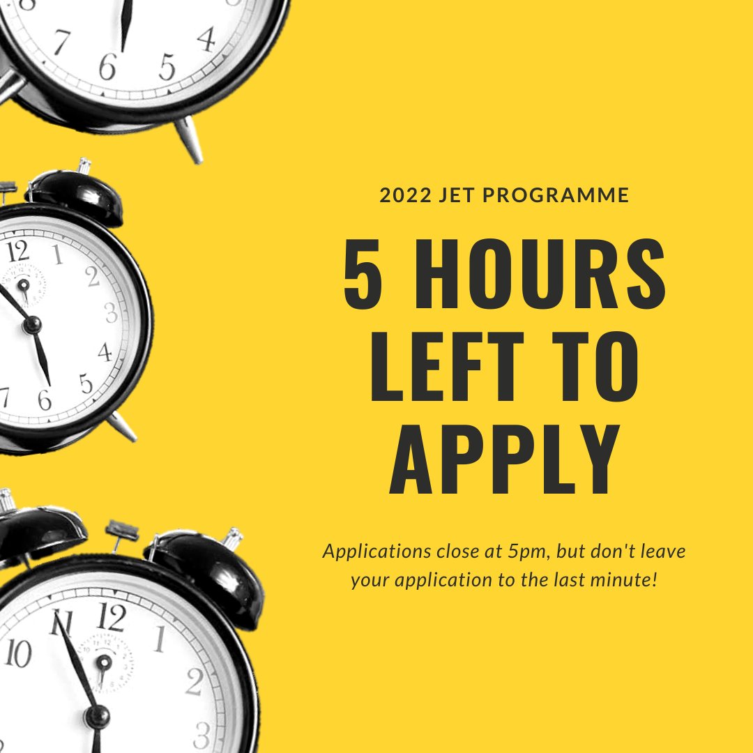 5 hours left to apply to the 2022 Irish JET Programme! Don't leave your application until the last minute!
#jetapplication #jetprogrammeireland #jetprogramme2022 #jetprogramme