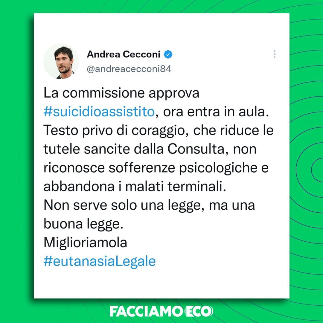 Facciamo_ECO's tweet photo. Il testo che arriva @Montecitorio
sull'#eutanasiaLegale è un testo privo di coraggio, e che non riconosce le sofferenze psicologiche e abbandona i malati terminali. Come se il dolore non ci riguardasse. Abbiamo bisogno di una legge più umana e più giusta ORA.
@andreacecconi84 https://t.co/4EhL3XzHV9