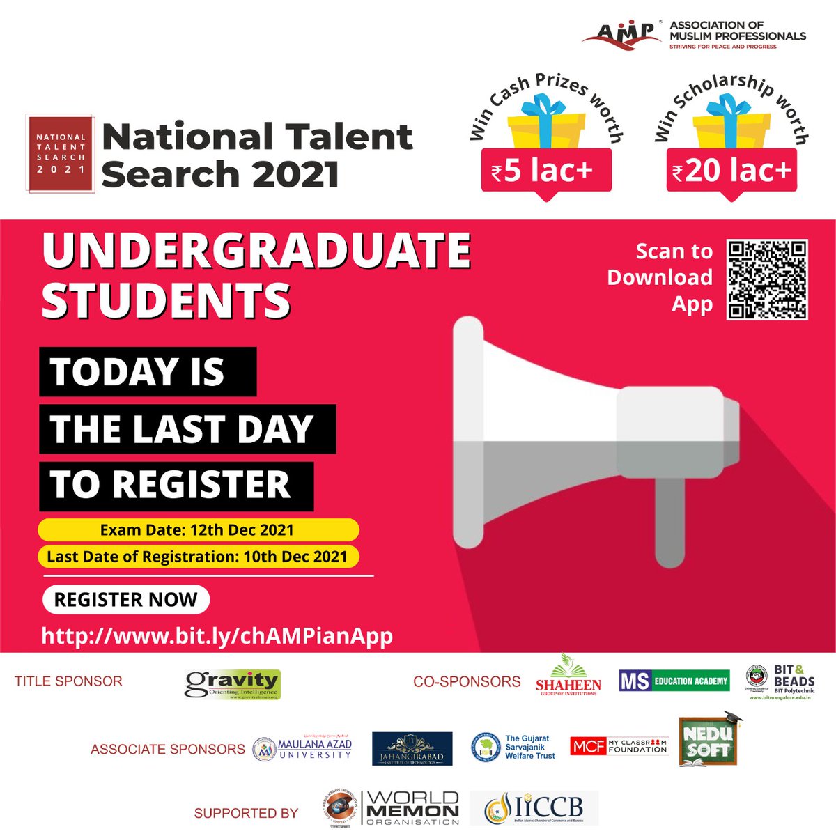 aamiredresy's tweet photo. Pls RT &amp; Amplify, Tag Students.

Today is the Last day for Degree College Students to register for #NationalTalentSearch2021

Register on chAMPian APP:
https://t.co/11liqmck7B

OR

On WEB LINK:
https://t.co/E05MjtnNbC

Know Full Details:
https://t.co/OZsKuJznEg

#AMP #chAMPian https://t.co/IjHyskw3B8