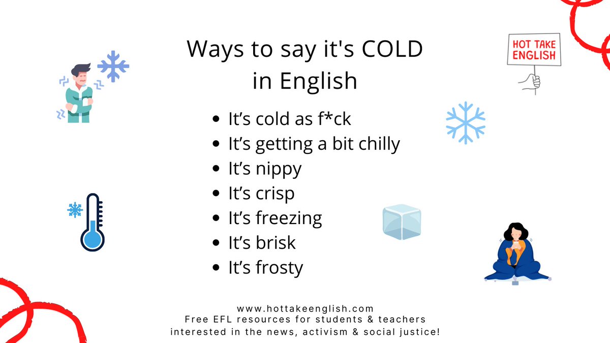 Want to know how to say "it's cold" like a native speaker? Here are some ideas!

#englishvocab #englishvocabulary #englishlesson #englishteacher #tefl #esl #efl #LearnEnglish